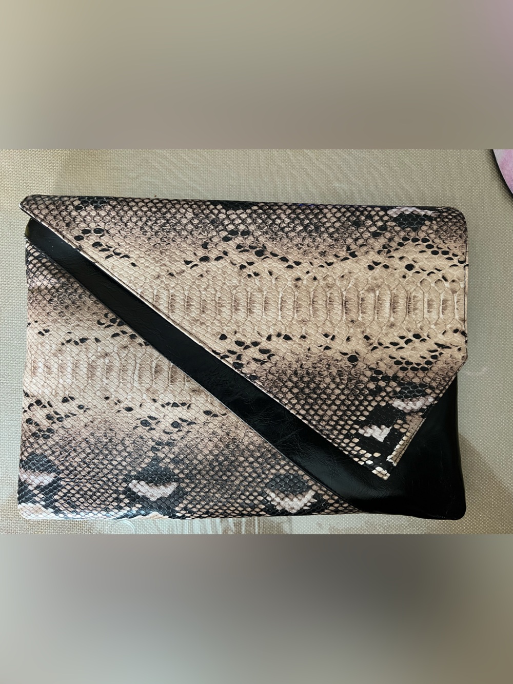 Poppie Jones Black and Beige Snake-Print Envelope Clutch